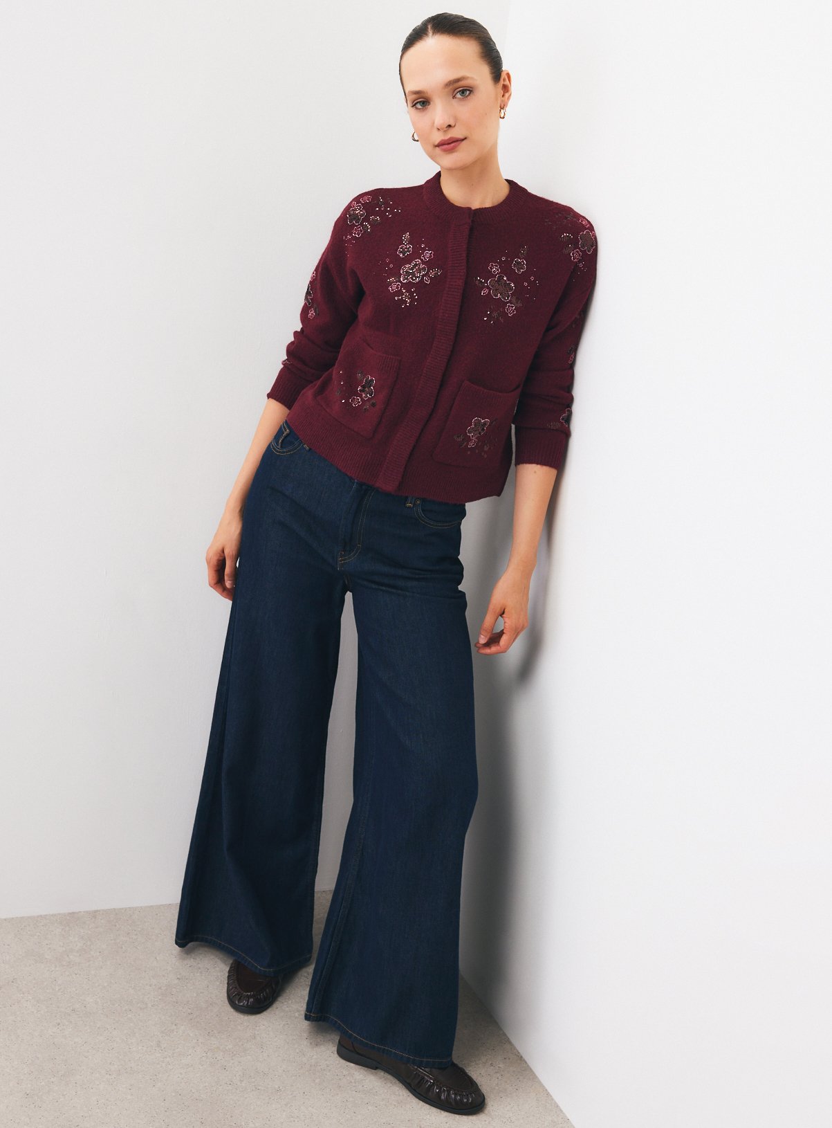 Berry Red Floral Beaded Sequin Pocket Cardigan XS - Image 3 thumbnail